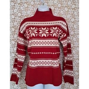 Nicole Miller New York Sweater Women Size Medium Red & White Fair Isle Mock Neck